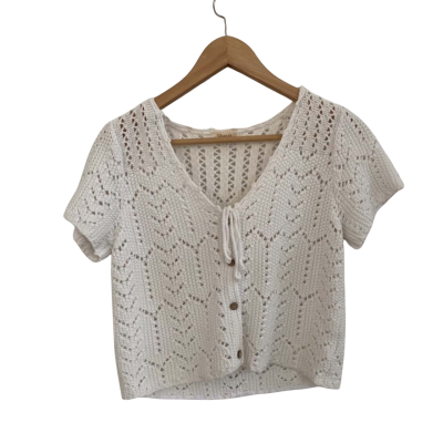 Ghanda Womens  Size M Button Up Top / Cropped Top / Short Sleeve Top White 