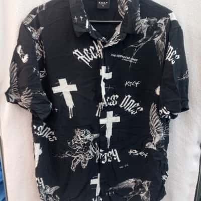 KSCY Mens  Size XL Short Sleeve Shirt Black  / Pattern / White 
