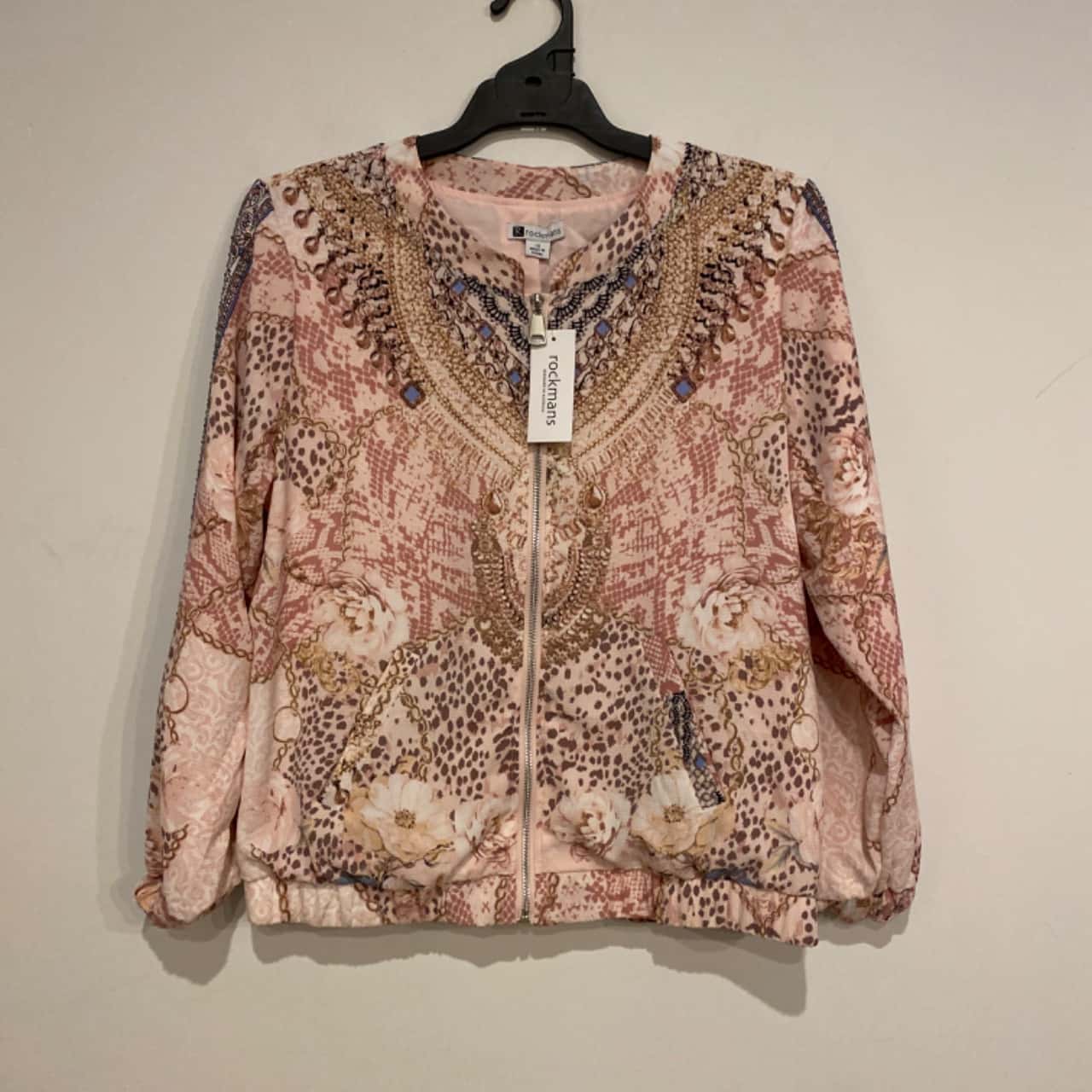 Rockmans Womens Size 12 Bomber Jacket Mosaic Black / Blue / Brown / Pink