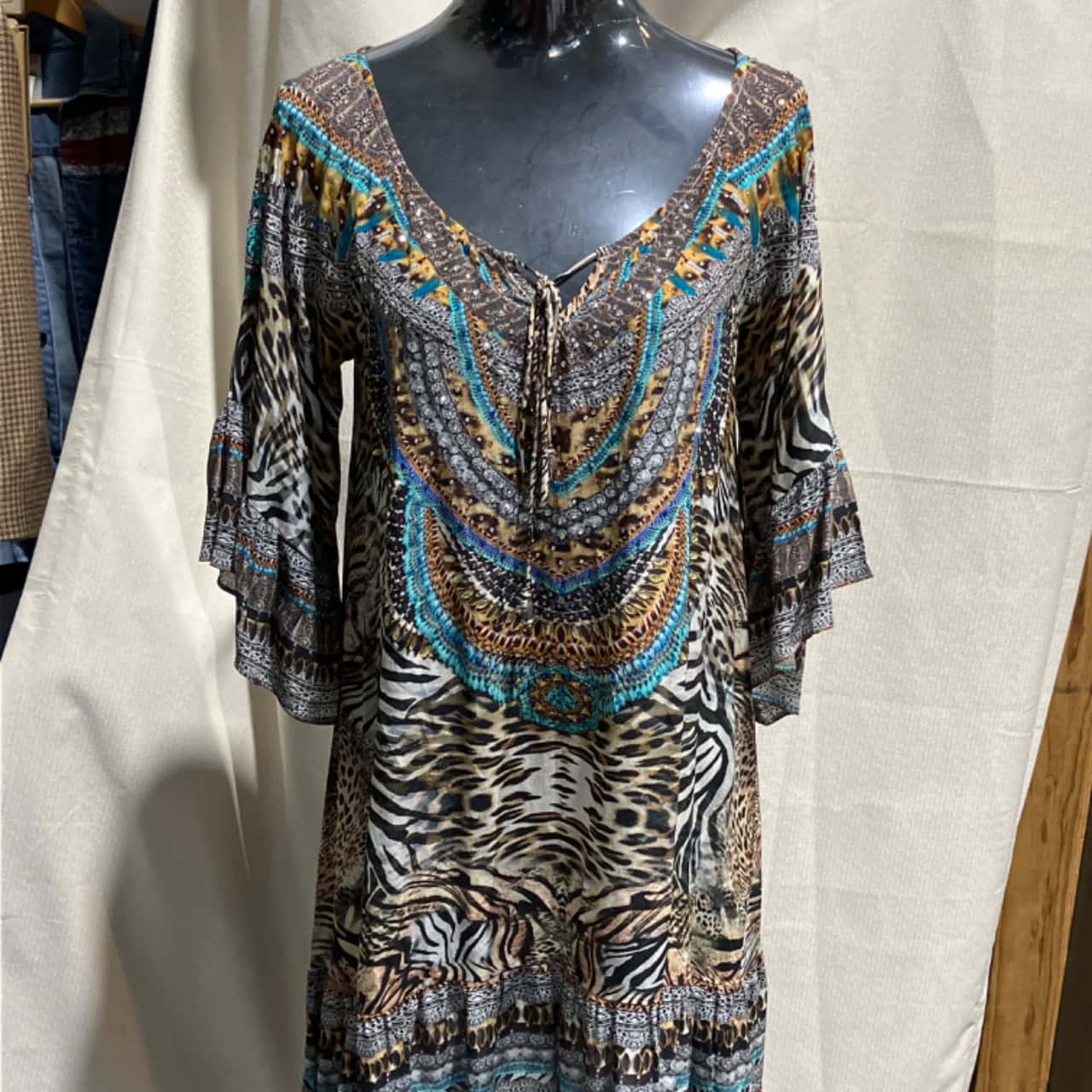 Beige Animal Print Tent Silk Dress