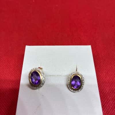  375 gold stamped Womens Earrings Purple amethyst, clear stones