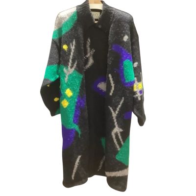  Amazing 80s Vintage S.K.V.I. Geometric Abstract Knit Womens Cardigan With Shoulder Pad Size M Black  /Multicoloured - Wool Blend