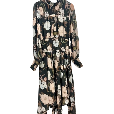 BNWT Decjuba “Camillia Shirred Midi “Black/  Pink Floral Dress Size 16 RRP $ 159.95