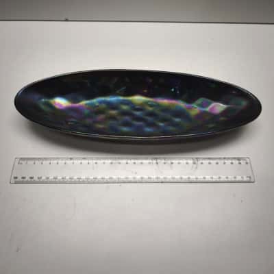 Vintage Iridescent Oil Slick Dark Glass Oval Tray Dimpled Textured Dish 30cm