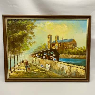 Vintage Original Oil Painting on Canvas- French Parisian Scene, Notre-Dame Cathedral in Background 