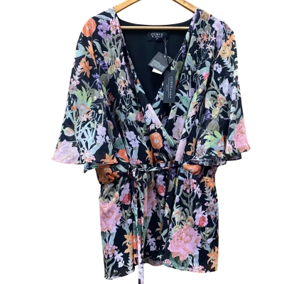 Jacqui-E Black/Floral Cross-Front Top Size 24+