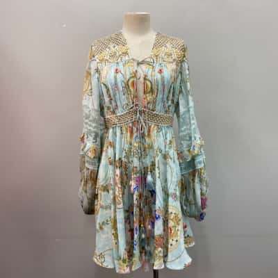 Camilla Handcrafted Silk Pastel Floral Intricate Beaded Boho Mini Dress - Size XL 