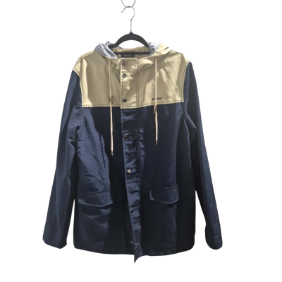 Stussy Mens  Size S Hood Jacket Beige / Navy Blue with Pinstriped  Lining SOME DISCOLOURATION AROUND NECK