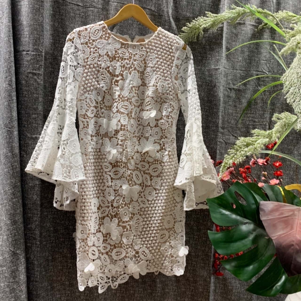 knee length dresses for ladies Wedtrend Women Simple White Casual Dress Lace Holiday Boho Beach Dress with Short Sleeves, White / 2XL main image 1