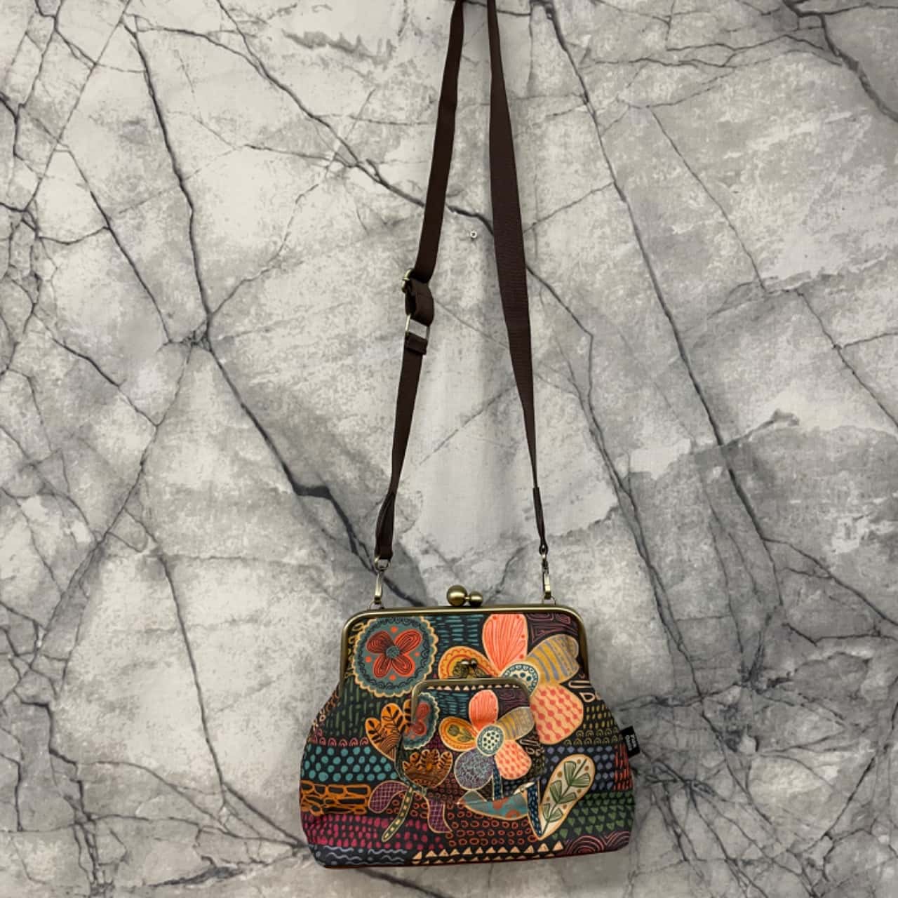 Pink Oasis Doodle Flora Handbag and Crossbody 2 Way Bag, Leather and Linen, Brand New with Tags