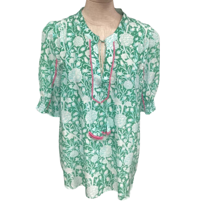 Loobies Story Silk Blend  Size 14 Short Sleeve Top Blue / Green 