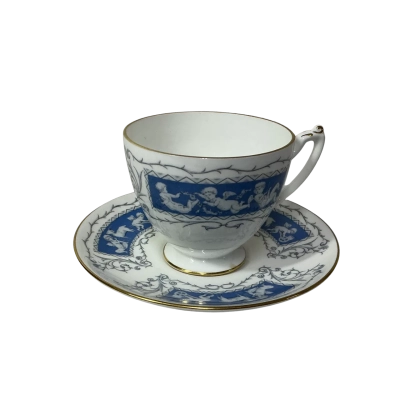 Coalport "Revelry" White / Blue Cherub Pattern Bone China Cup & Saucer