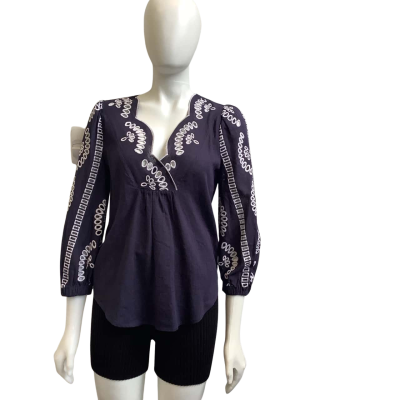 Once/Was Womens  AUS Size 6 Embroidered Linen Blend Top Navy / White