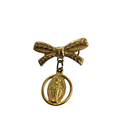 Vintage Gold-Tone Bow Brooch with Miraculous Medal - Italy
