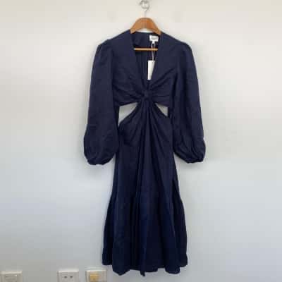 Seed Heritage Midnight Sky Long Sleeve Linen Cut Out Midi Dress Size 8 