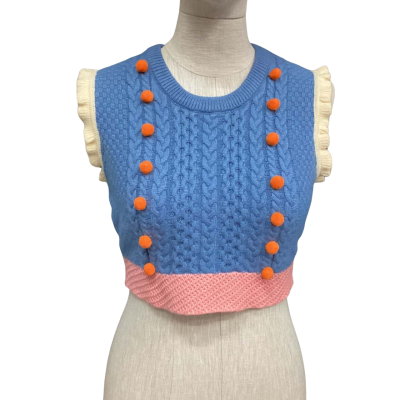  Cider Knitted  Size S Cropped Top Blue with Pom Poms