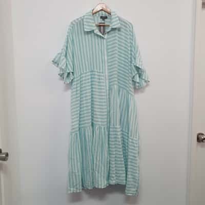 Autograph Women's Size 16 Mint Striped Tiered Linen Shirt Dress - New With Tags