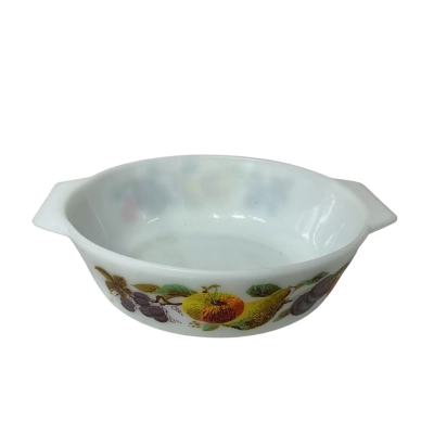 Vintage JAJ Pyrex White / Fruit Pattern Round Casserole Dish