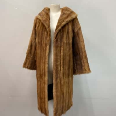  Womens Vintage   Size 8 -10 Longline Fur Coat Brown / Natural 