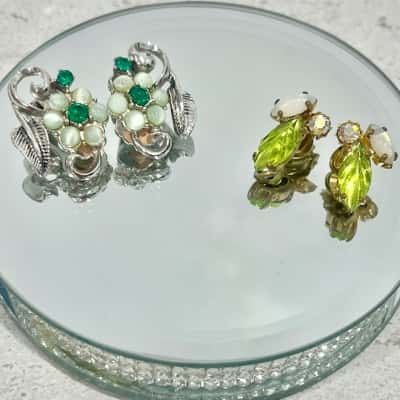 Vintage Clip on Earrings- Green Gemstone Detail x 2 pairs 