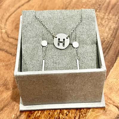 925 Silver “H” Pendant Fob Necklace & Matching 925 Silver Drop Earrings 