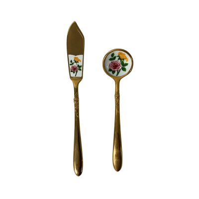 Gold Toned Floral Motif Stainless Steel Butter Knife with Matching Spoon 