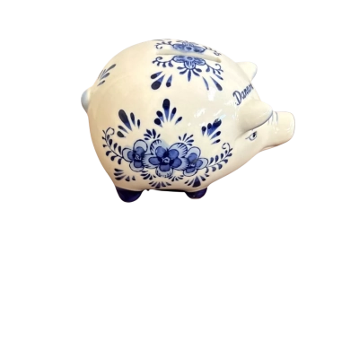 Blue Pig Piggy Bank Hand Painted Porcelain Flowers Norway
