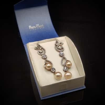 Supurb 7cm Diamente & Faux Pearl Earrings - All Stones Are Individually Set!! (not glued) Gold Plated Setting
