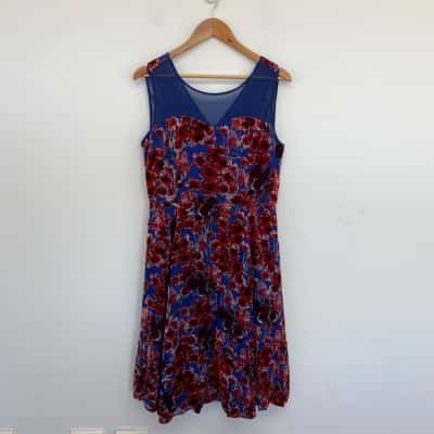 Alannah Hill Blue Red Velvet Floral Sleeveless Midi Dress Size 14 