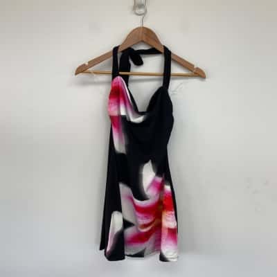 Supré Black Lily Print Lylie Halter Neck A-Line Mini Dress Size M 