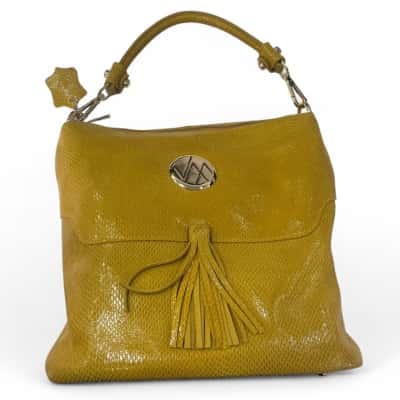 Vera May 100% Leather Yellow Handbag With Gold Hardware And Tassle 
