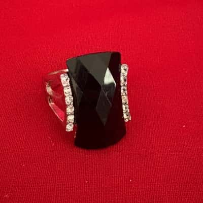  Women's Dress Ring featuring a Large Rectangle Black Center on Textured Band