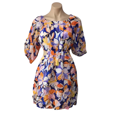 Atmos&Here Womens Size 10 Orange/Blue /Purple/ Yellow /  White Floral Patterned Short Sleeve Dress 