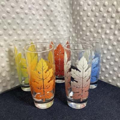 Vintage Autumn Leaf Highball Glasses x5 in varying colours