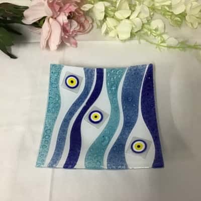 Decorative White / Blue / Green Pattern Square Glass Dish