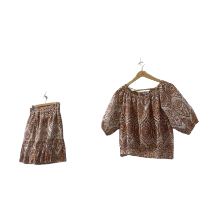 Country Road Women's Size 8 Broderie Anglaise Lace Overlay Midi Skirt & Off the Shoulder Top Set Metallic Details