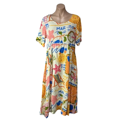 Sadie & Sun Womens Size M Pale Yellow / Multicoloured Pattern Short Sleeve Midi Dress  