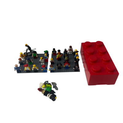 Lego mini figures with 2 boards and brick storage container 