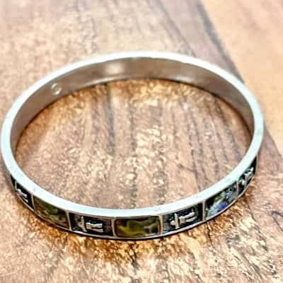 Vintage Silver-tone panels w/ inlaid abolone shells bangle 