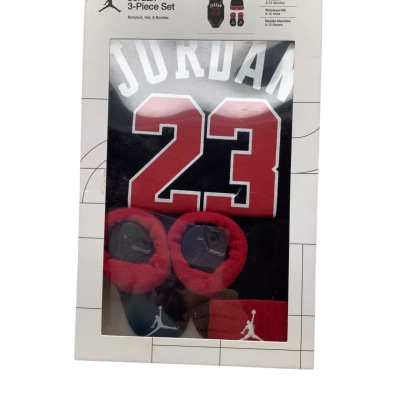 Jordan 23 Basketball Babies Size 6-12m 3 Piece Set Black  / Red / White Onsie, Hat & Booties   (HTHB)