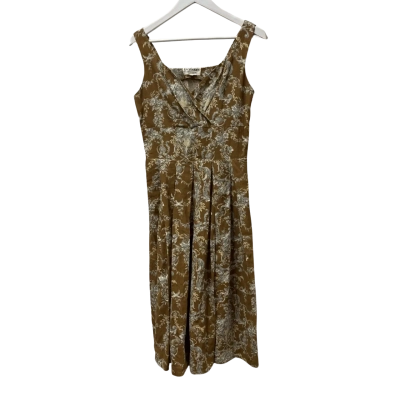Lazybones - Sleeveless Dress  Floral / Mustard brown - Size S - 55% Linen, 45% Cotton