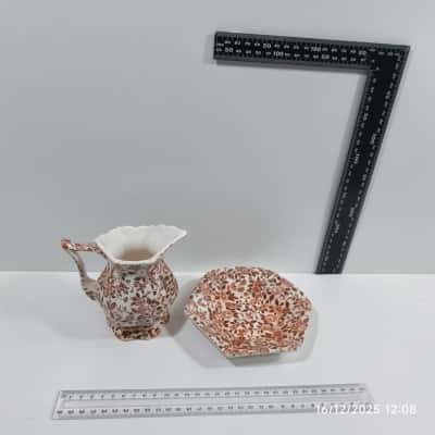 Japanese Vintage Pourer Saucer Set Brown White Floral Jug Porcelain 