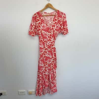 Label of Love Red White Floral Short Sleeve Wrap Midi Dress  Size XL 