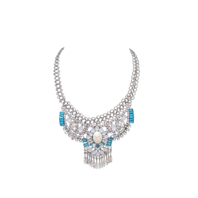  Womens Fashion Necklace Silver Look / White/Blue Glass and Plastic Beads 