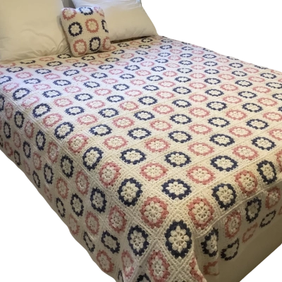 Handmade Granny Square Blanket.  White, Pink and  Blue.   234cm x 205cm.  Plus Two Matching Cushions.