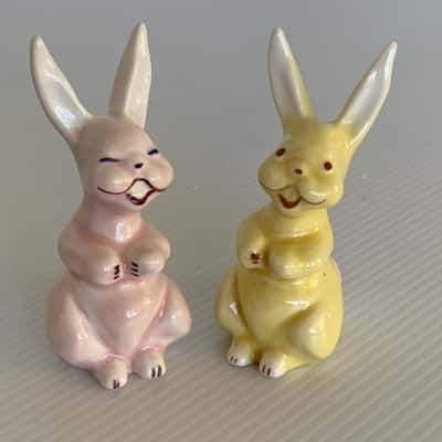 Retro 1950's Ceramic Rabbit Figurines - Pink & Yellow Kitsch Set