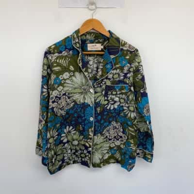 Karen Walker x Papinelle Green Blue Floral Long Sleeve SHirt  Size S 
