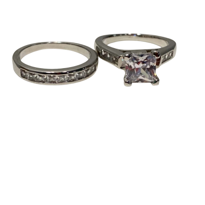 Princess Cut White Stone Ring Set Silver