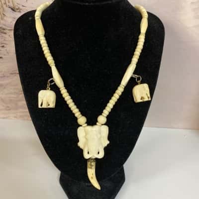 Vintage Carved Bone Beads & Elephant Necklace 