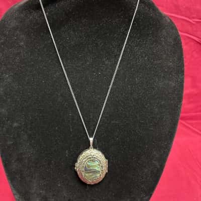  Women's Silver Tone Locket with Abalone Shell Inlay Necklace 